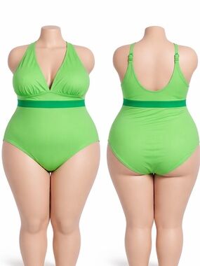 Plus Size V-Neck Green One-Piece Swimsuit